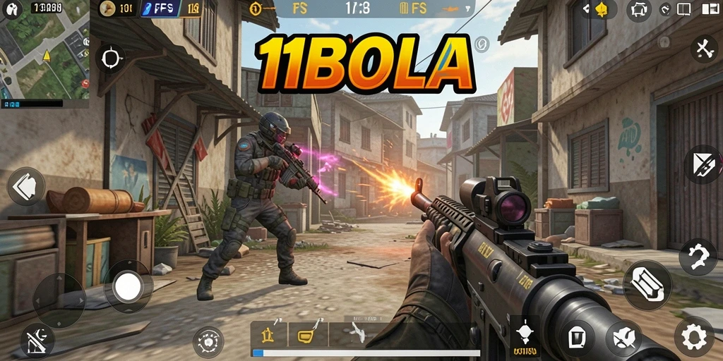 Screenshot menunjukkan aksi seru gameplay FPS 11BOLA.