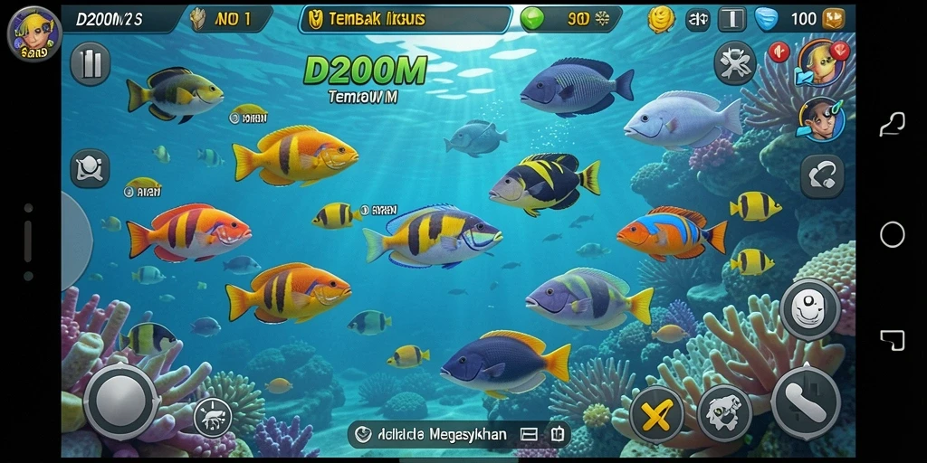 Tampilan gameplay D200M menampilkan aksi menembak ikan yang seru.
