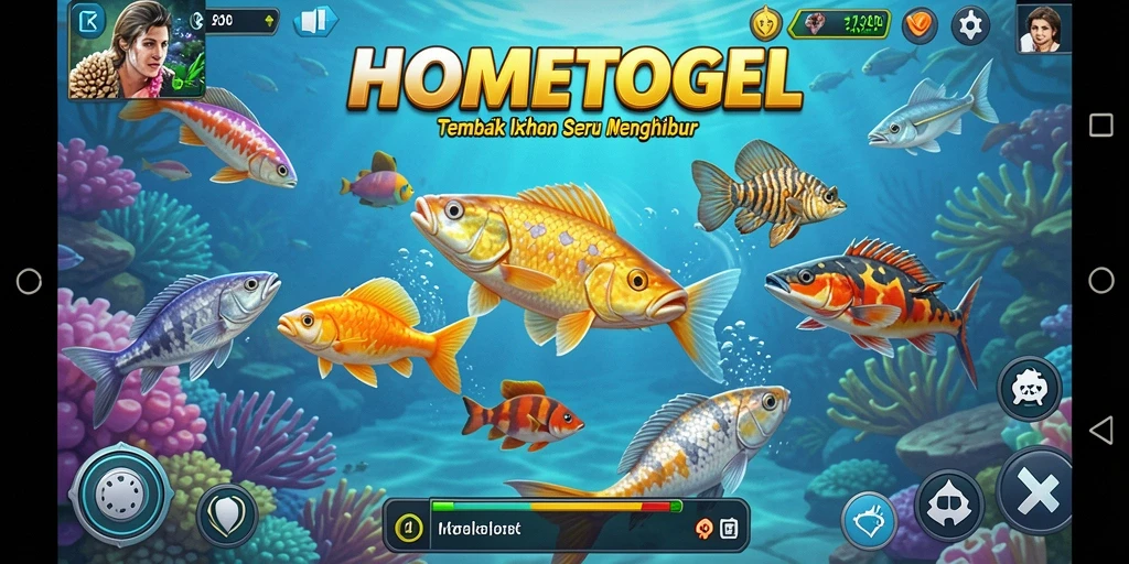 Screenshot gameplay HOMETOGEL menampilkan aksi seru menangkap ikan.