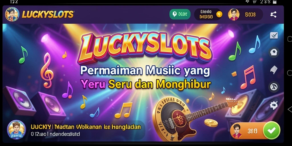 Screenshot LUCKYSLOTS menampilkan gameplay yang seru dengan musik menggugah.