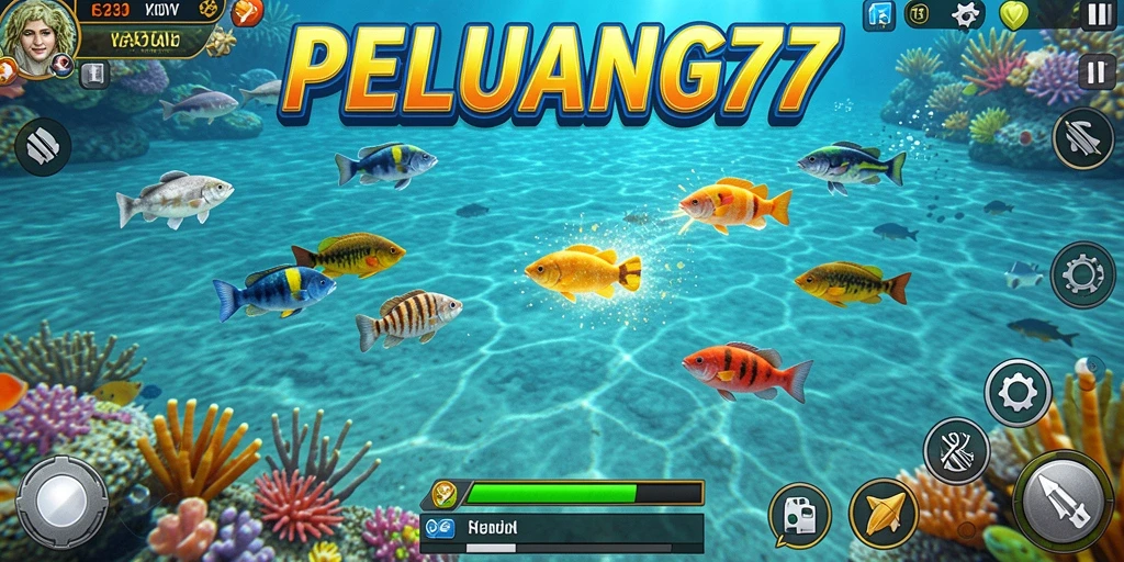 Tampilan gameplay PELUANG77 dengan ikan berwarna-warni yang sedang diburu.