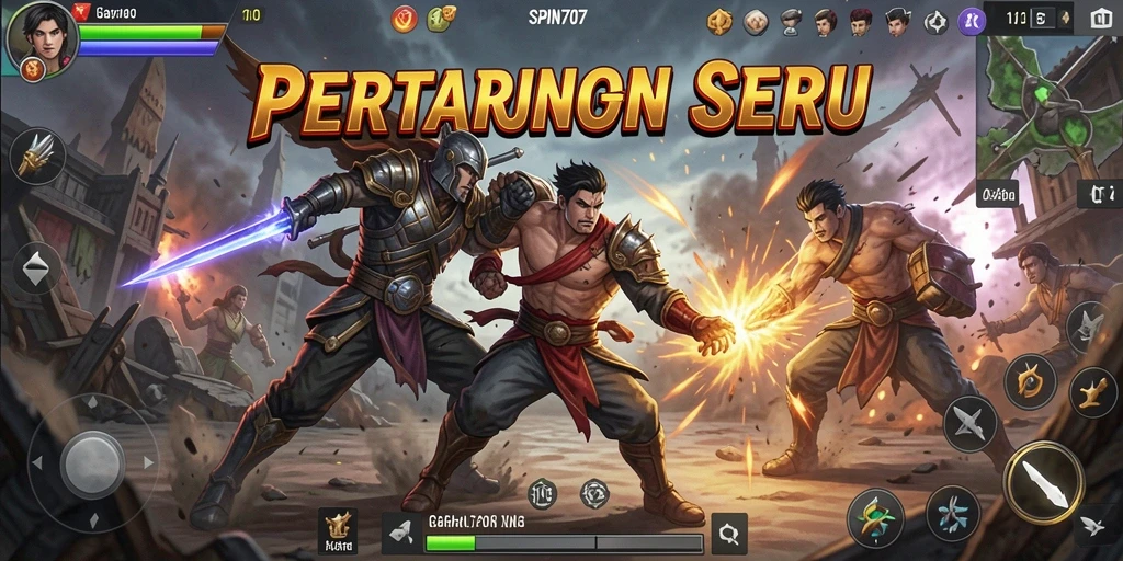 Tampilan gameplay SPIN707 yang menampilkan pertarungan intens dan karakter beragam.